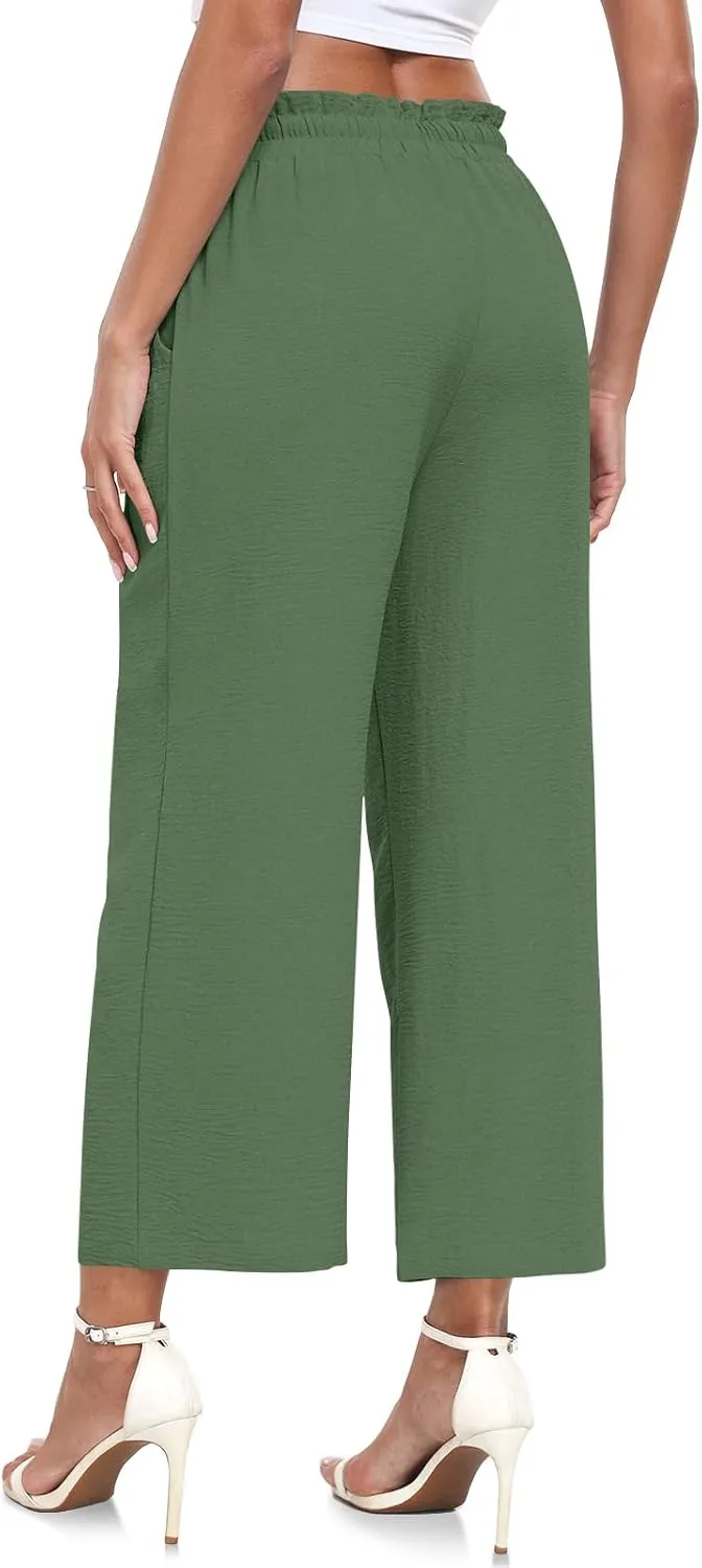 CATHY Womens Casual Wide Leg Pants Drawstring High Waisted Trousers with Pockets