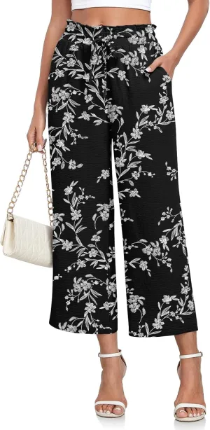 CATHY Womens Casual Wide Leg Pants Drawstring High Waisted Trousers with Pockets