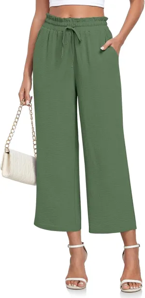 CATHY Womens Casual Wide Leg Pants Drawstring High Waisted Trousers with Pockets