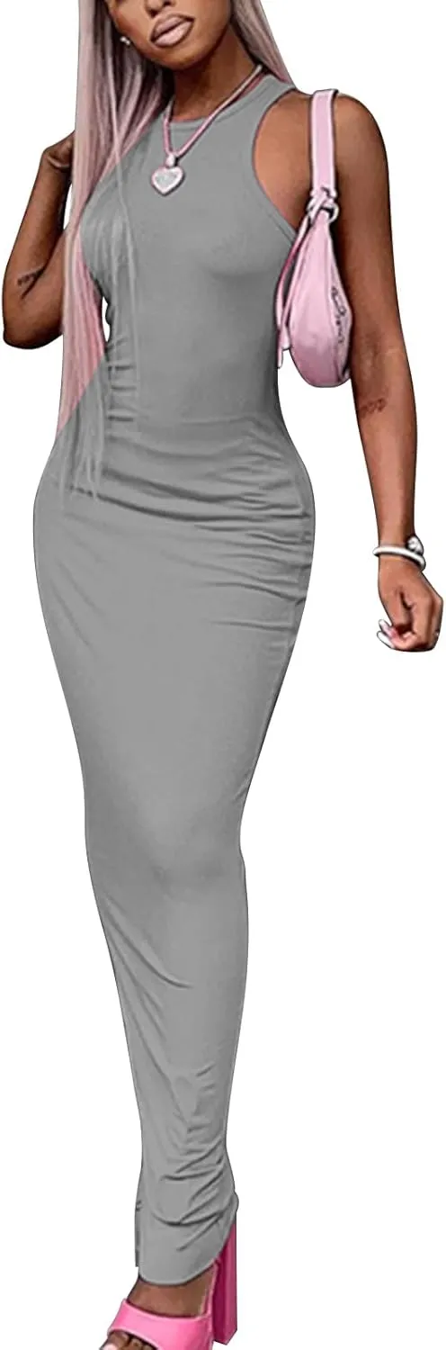 ccisppal Women's Summer Bodycon Dress Sexy Sleeveless Round Neck Dress Cross Side Slit Streetwear Casual Festival Maxi Dress
