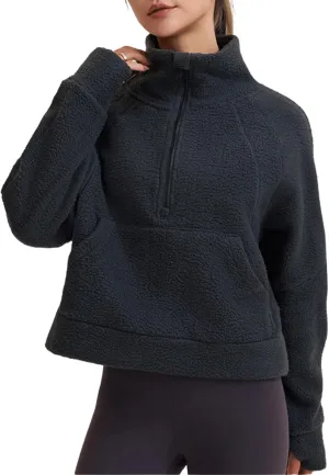 CHARTOU Womens Half Zip Up Fleece Pullover Sweatshirt Loose Cropped Sherpa Jacket Stand Collar Faux Fur Coat