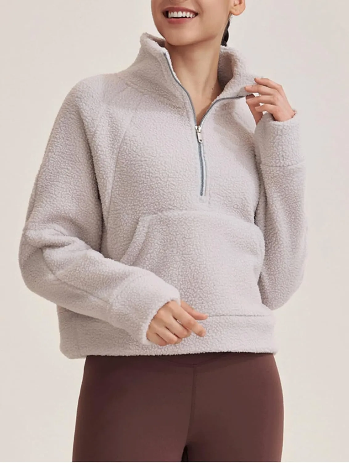 CHARTOU Womens Half Zip Up Fleece Pullover Sweatshirt Loose Cropped Sherpa Jacket Stand Collar Faux Fur Coat
