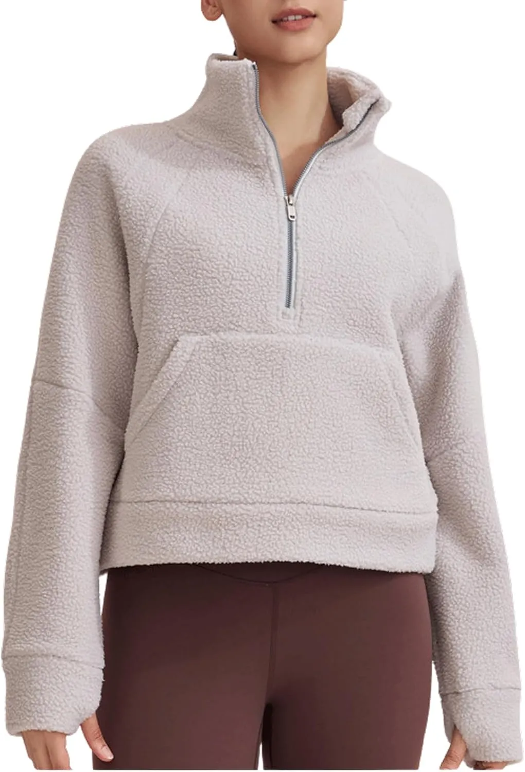 CHARTOU Womens Half Zip Up Fleece Pullover Sweatshirt Loose Cropped Sherpa Jacket Stand Collar Faux Fur Coat