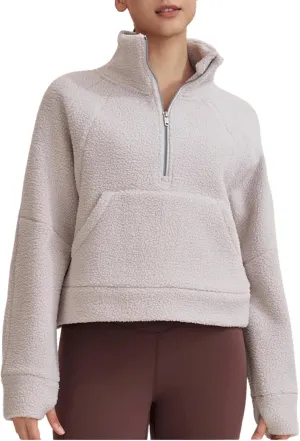CHARTOU Womens Half Zip Up Fleece Pullover Sweatshirt Loose Cropped Sherpa Jacket Stand Collar Faux Fur Coat