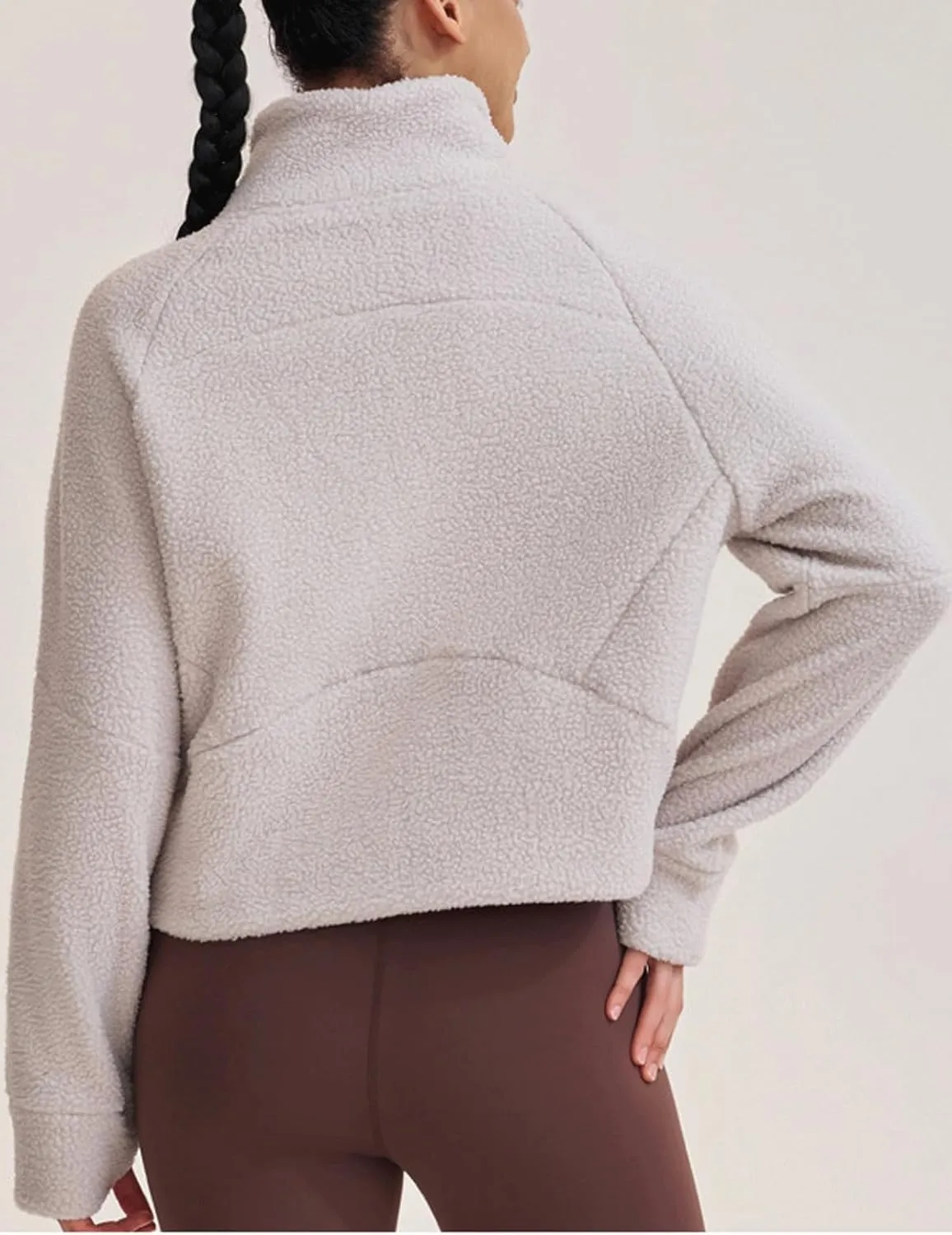 CHARTOU Womens Half Zip Up Fleece Pullover Sweatshirt Loose Cropped Sherpa Jacket Stand Collar Faux Fur Coat