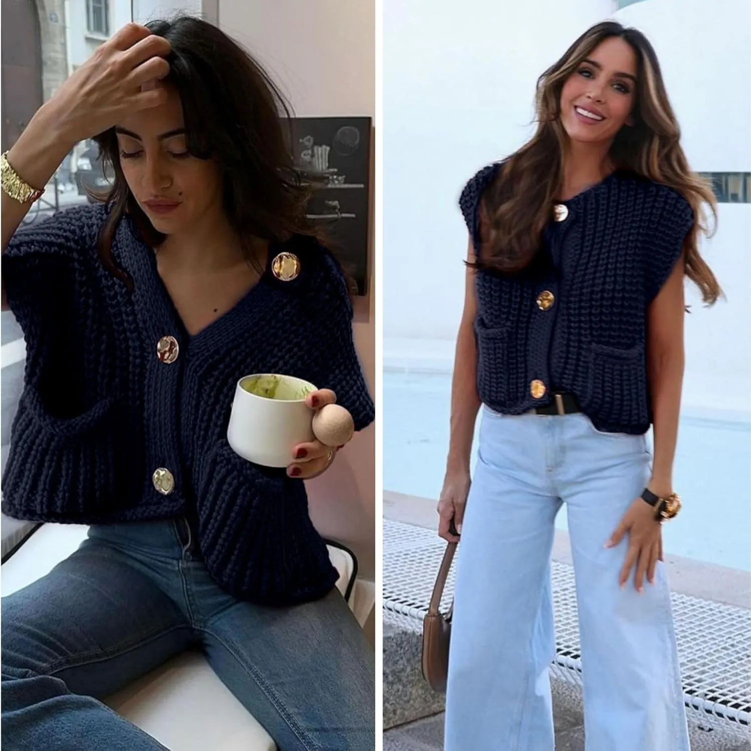 Chevara Womens Chunky Cropped Sweater Vest Cute Sleeveless Crewneck Button Down Crop Knit Cardigan with Pocket