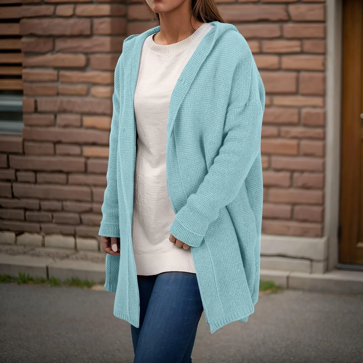 Chunky Cardigan Sweaters for Women Hooded Knit Long Cardigan Casual Long Sleeve Open Front Cardigan Hoodie Spring Coat