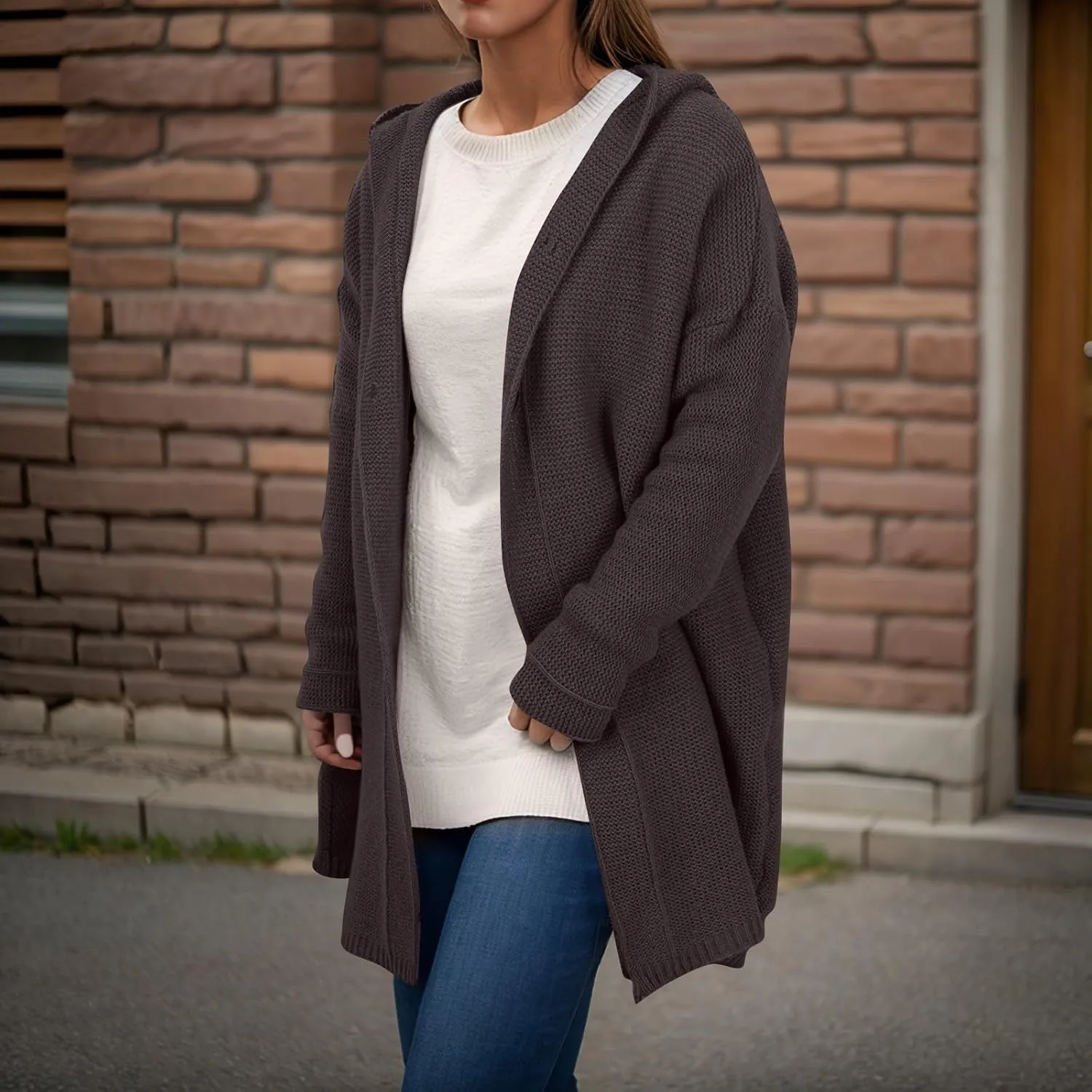 Chunky Cardigan Sweaters for Women Hooded Knit Long Cardigan Casual Long Sleeve Open Front Cardigan Hoodie Spring Coat