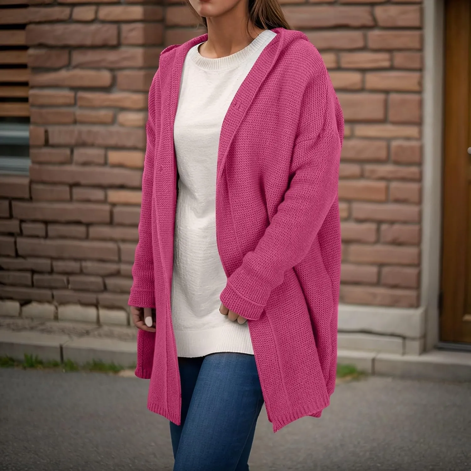 Chunky Cardigan Sweaters for Women Hooded Knit Long Cardigan Casual Long Sleeve Open Front Cardigan Hoodie Spring Coat