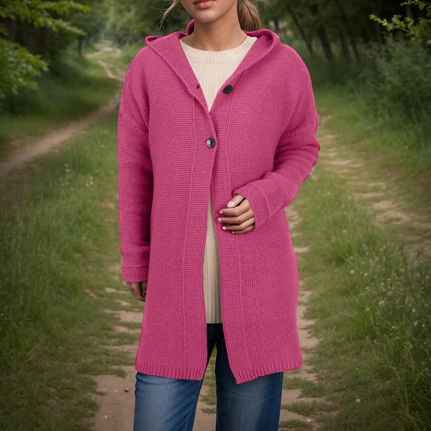 Chunky Cardigan Sweaters for Women Hooded Knit Long Cardigan Casual Long Sleeve Open Front Cardigan Hoodie Spring Coat