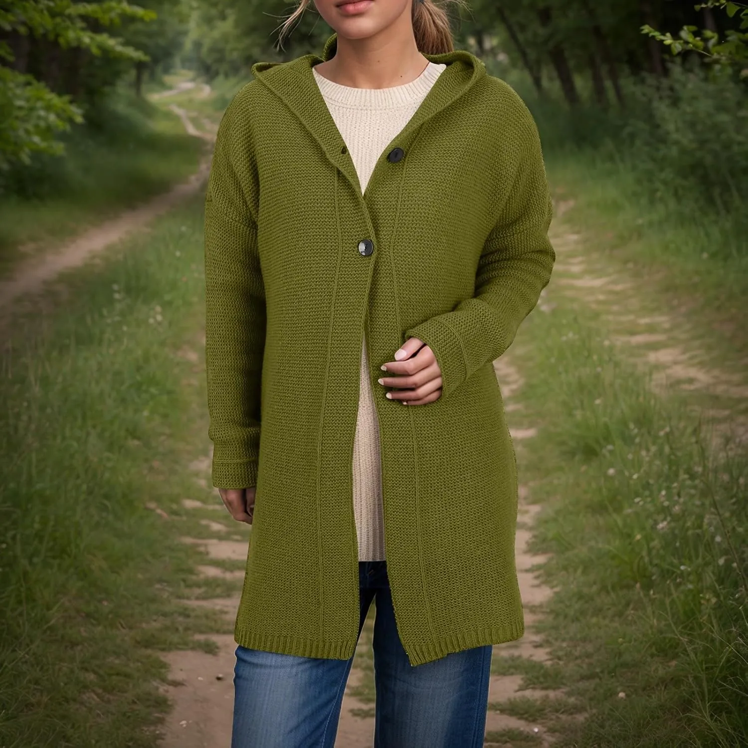 Chunky Cardigan Sweaters for Women Hooded Knit Long Cardigan Casual Long Sleeve Open Front Cardigan Hoodie Spring Coat