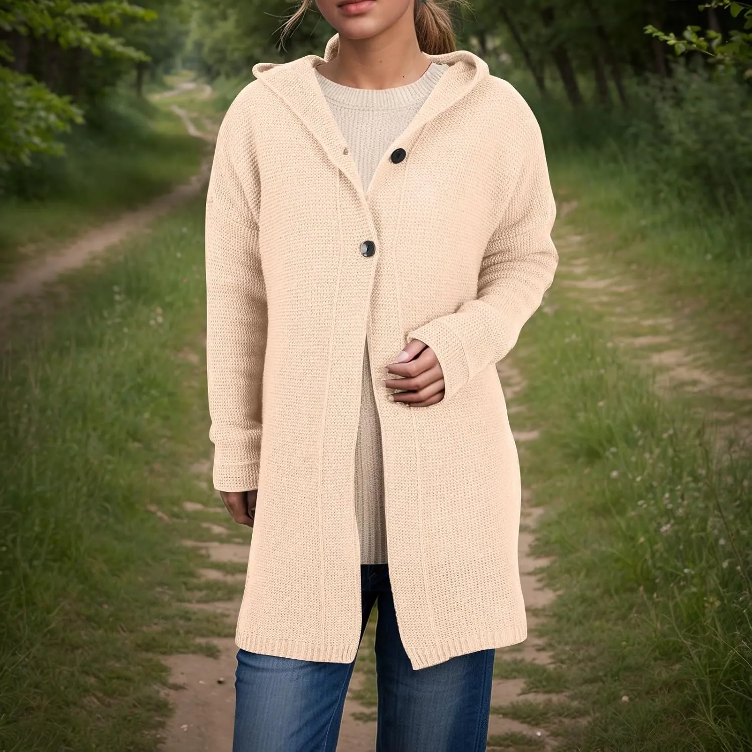 Chunky Cardigan Sweaters for Women Hooded Knit Long Cardigan Casual Long Sleeve Open Front Cardigan Hoodie Spring Coat