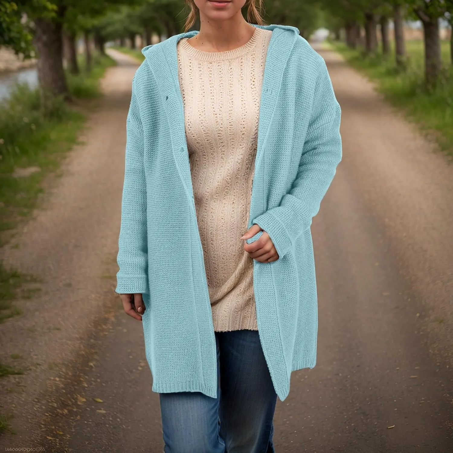 Chunky Cardigan Sweaters for Women Hooded Knit Long Cardigan Casual Long Sleeve Open Front Cardigan Hoodie Spring Coat