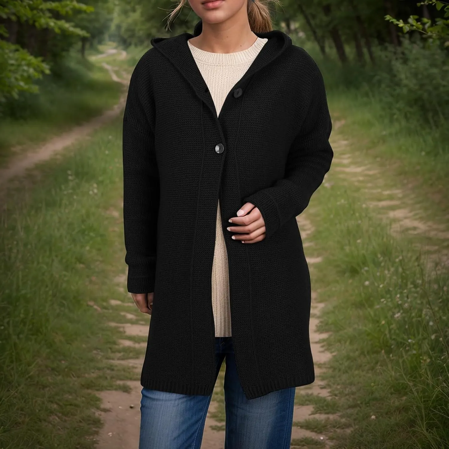 Chunky Cardigan Sweaters for Women Hooded Knit Long Cardigan Casual Long Sleeve Open Front Cardigan Hoodie Spring Coat