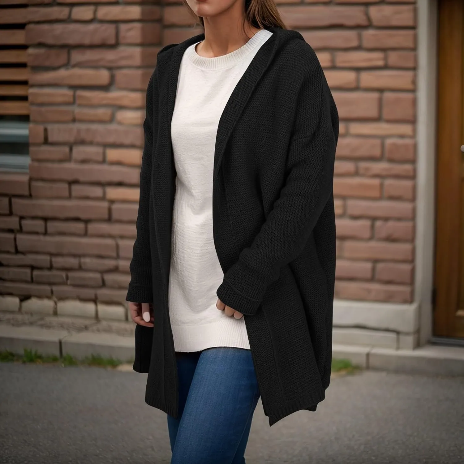 Chunky Cardigan Sweaters for Women Hooded Knit Long Cardigan Casual Long Sleeve Open Front Cardigan Hoodie Spring Coat