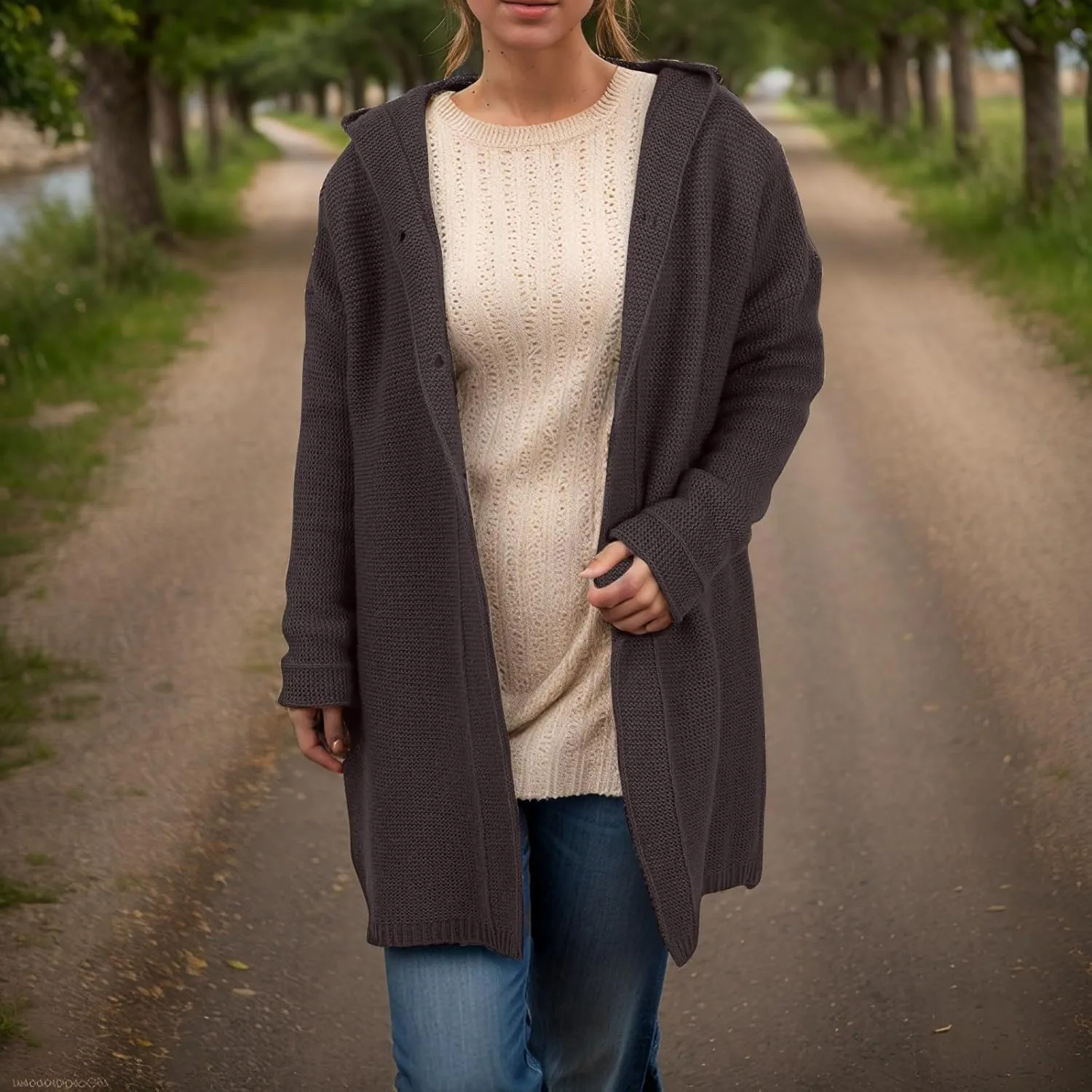 Chunky Cardigan Sweaters for Women Hooded Knit Long Cardigan Casual Long Sleeve Open Front Cardigan Hoodie Spring Coat