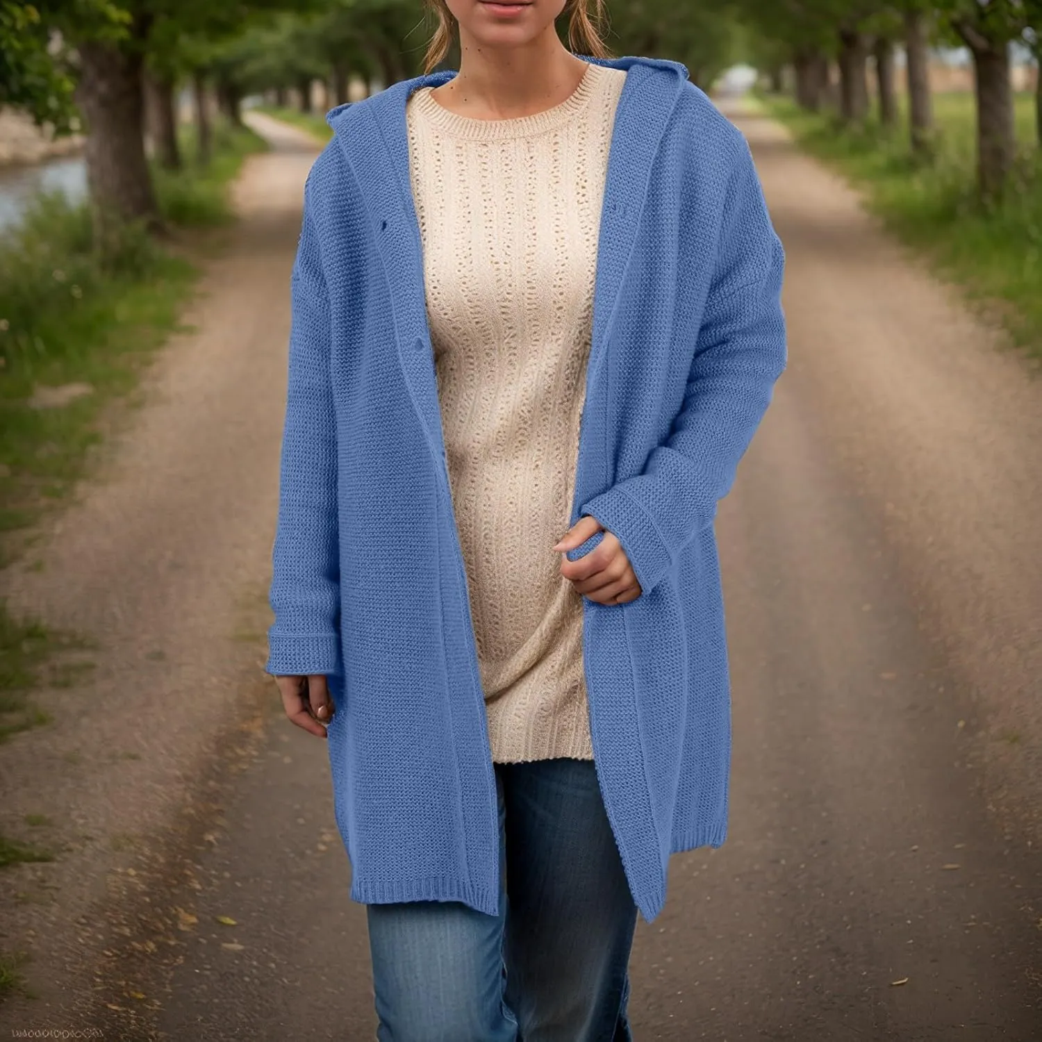 Chunky Cardigan Sweaters for Women Hooded Knit Long Cardigan Casual Long Sleeve Open Front Cardigan Hoodie Spring Coat