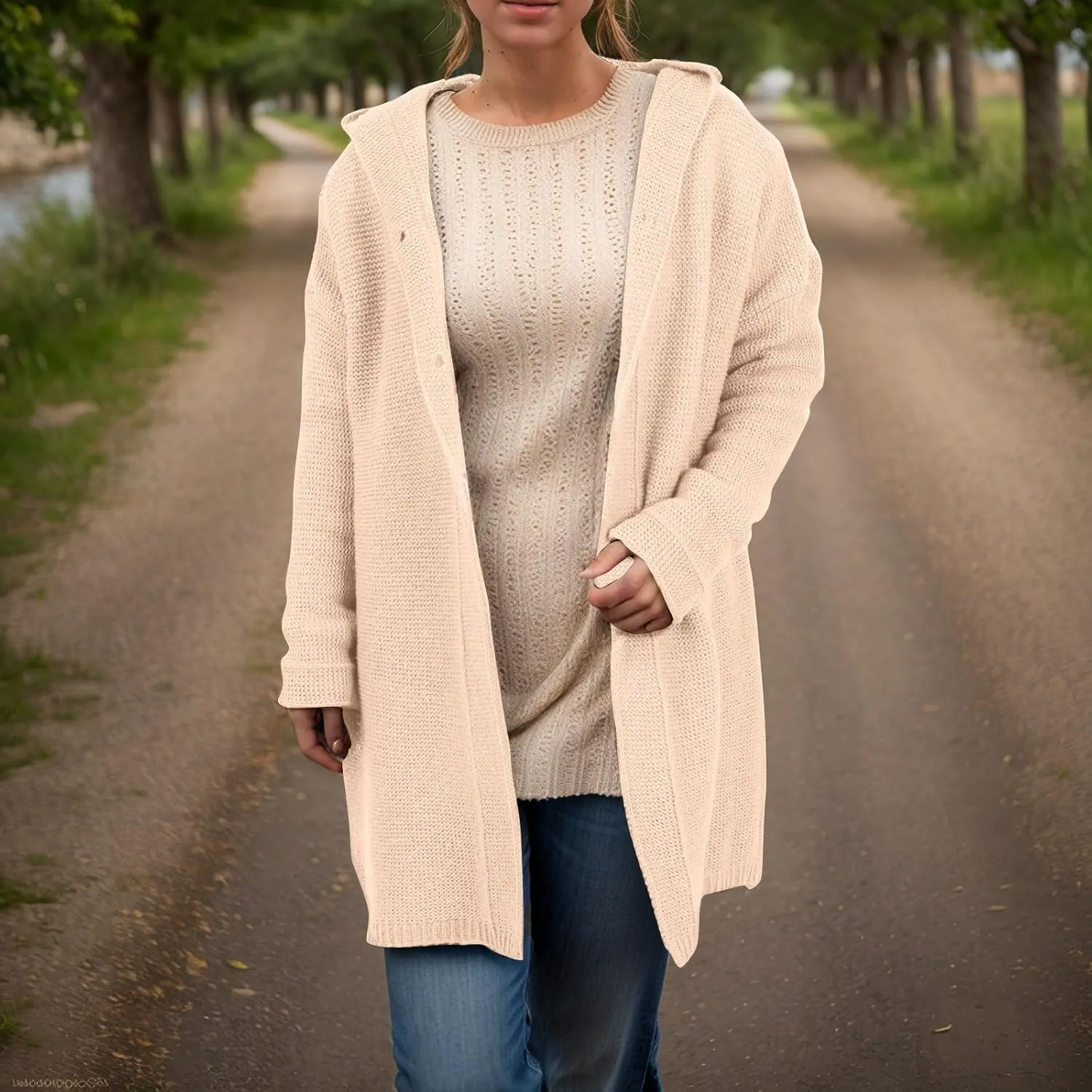 Chunky Cardigan Sweaters for Women Hooded Knit Long Cardigan Casual Long Sleeve Open Front Cardigan Hoodie Spring Coat