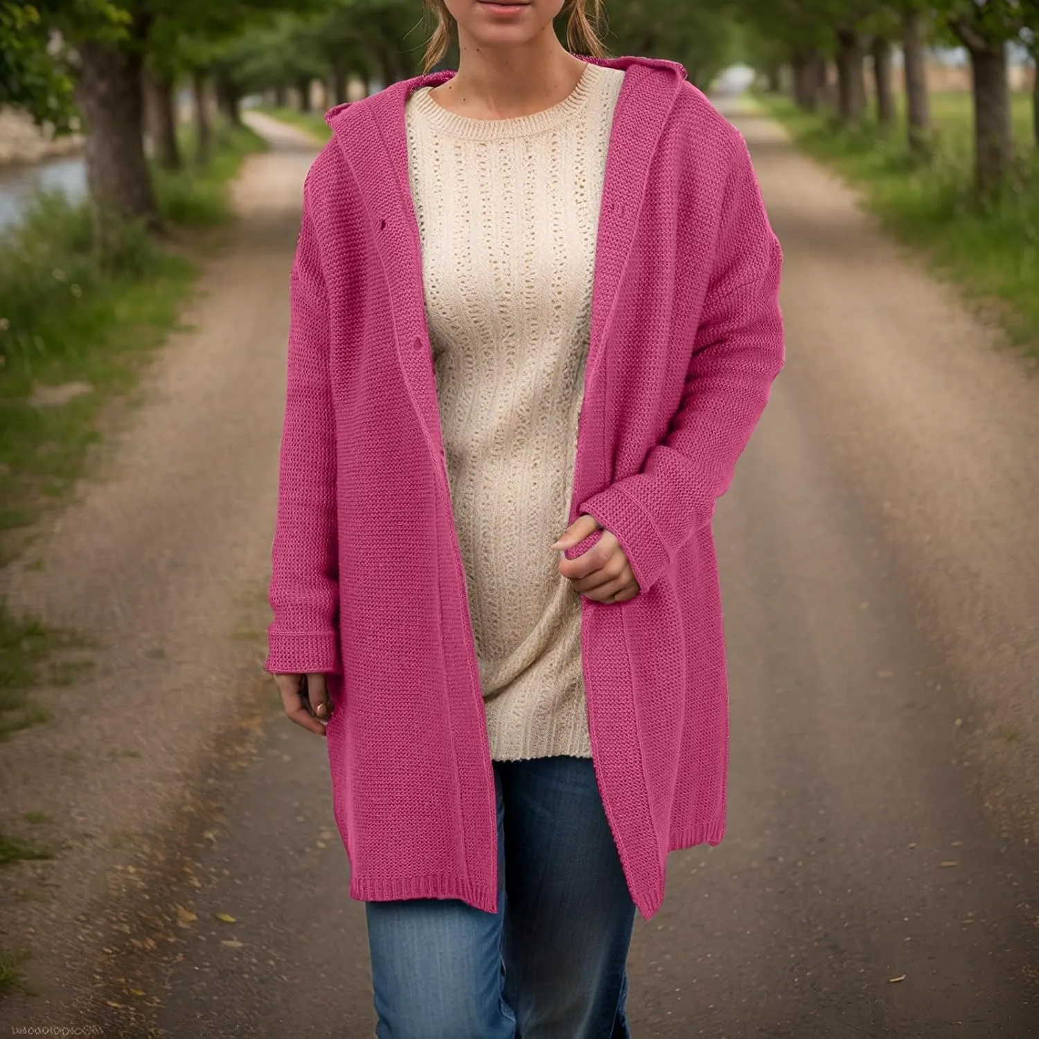 Chunky Cardigan Sweaters for Women Hooded Knit Long Cardigan Casual Long Sleeve Open Front Cardigan Hoodie Spring Coat