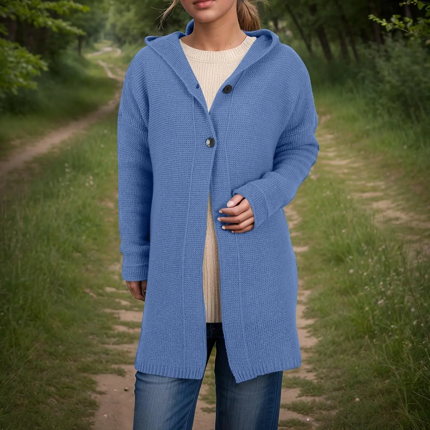 Chunky Cardigan Sweaters for Women Hooded Knit Long Cardigan Casual Long Sleeve Open Front Cardigan Hoodie Spring Coat