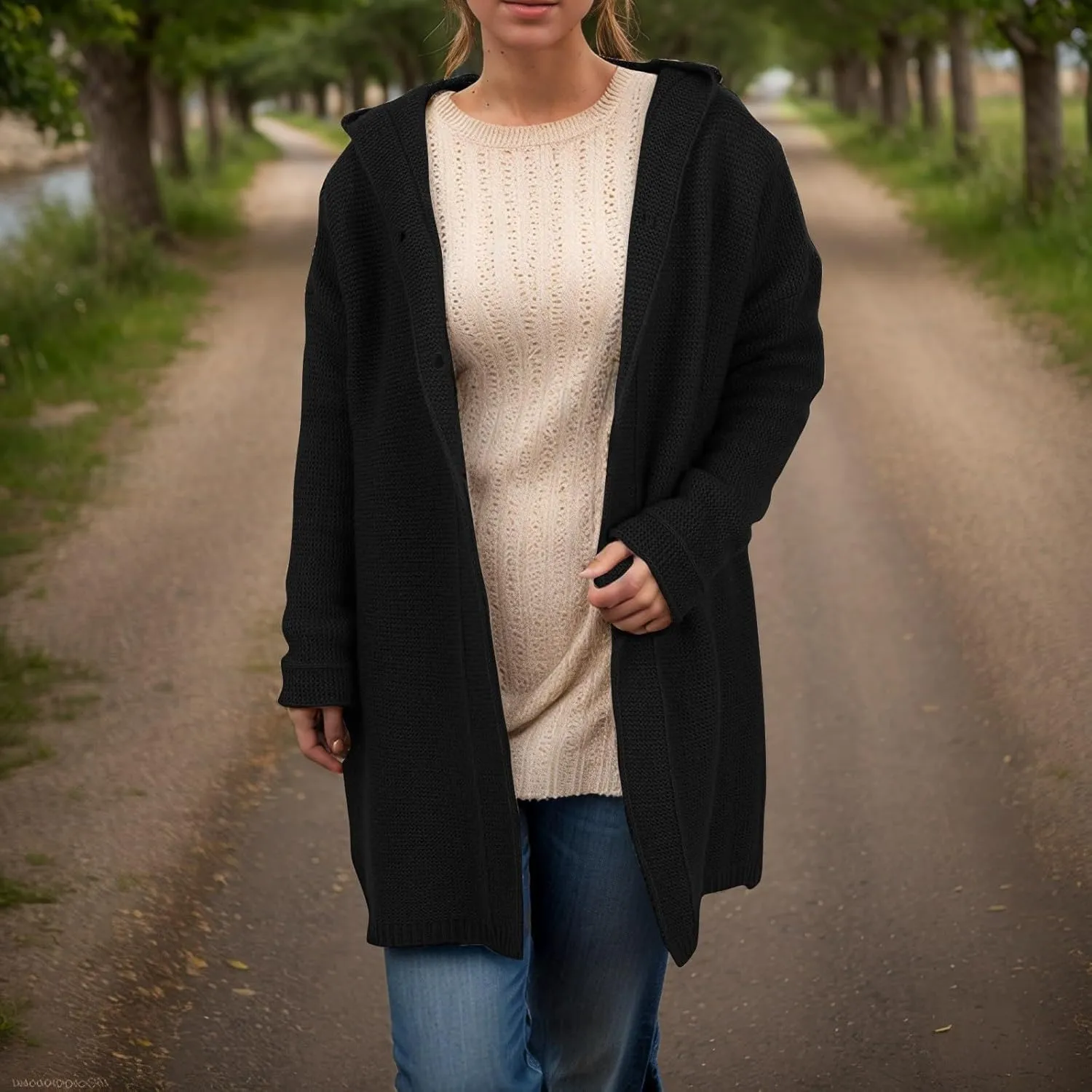 Chunky Cardigan Sweaters for Women Hooded Knit Long Cardigan Casual Long Sleeve Open Front Cardigan Hoodie Spring Coat