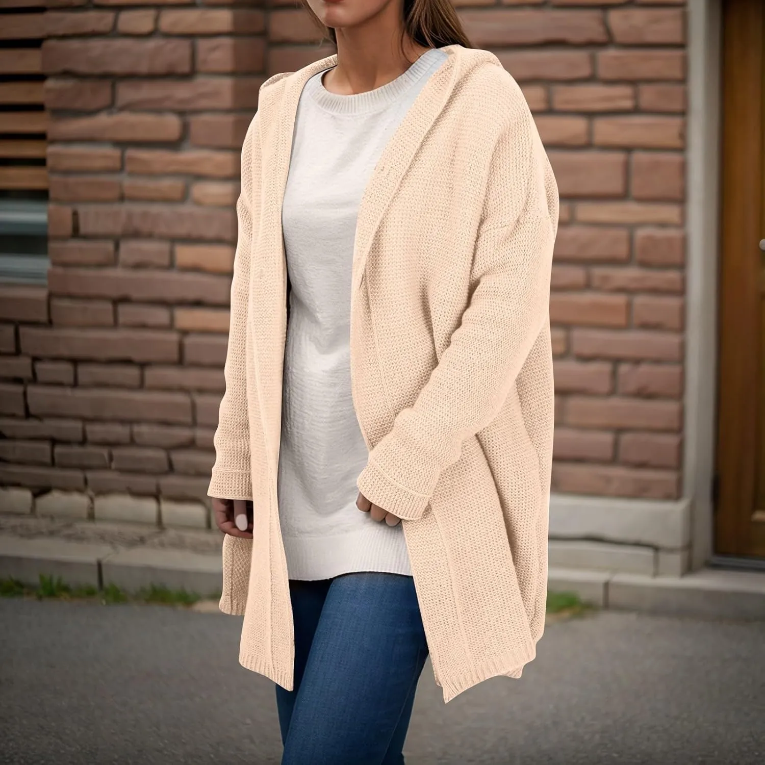 Chunky Cardigan Sweaters for Women Hooded Knit Long Cardigan Casual Long Sleeve Open Front Cardigan Hoodie Spring Coat