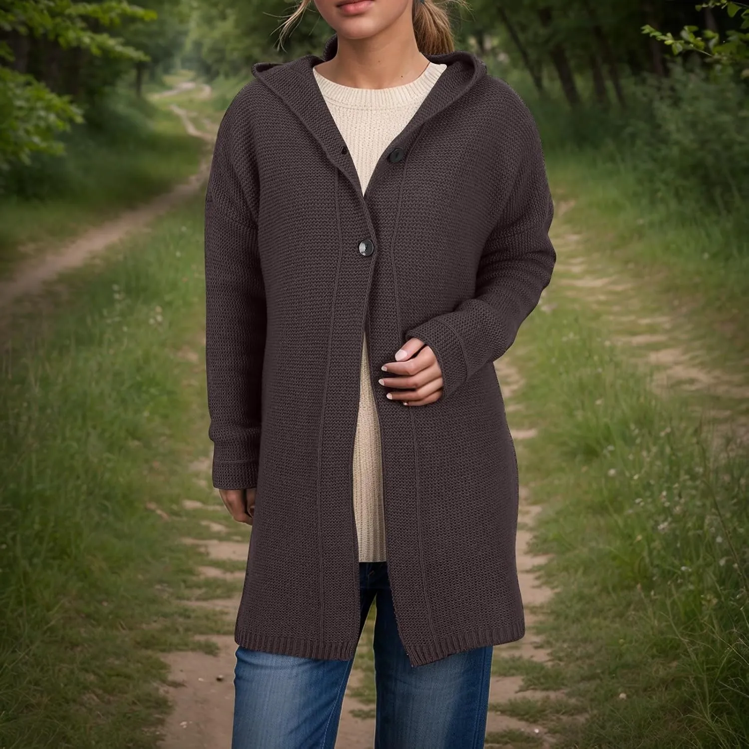 Chunky Cardigan Sweaters for Women Hooded Knit Long Cardigan Casual Long Sleeve Open Front Cardigan Hoodie Spring Coat