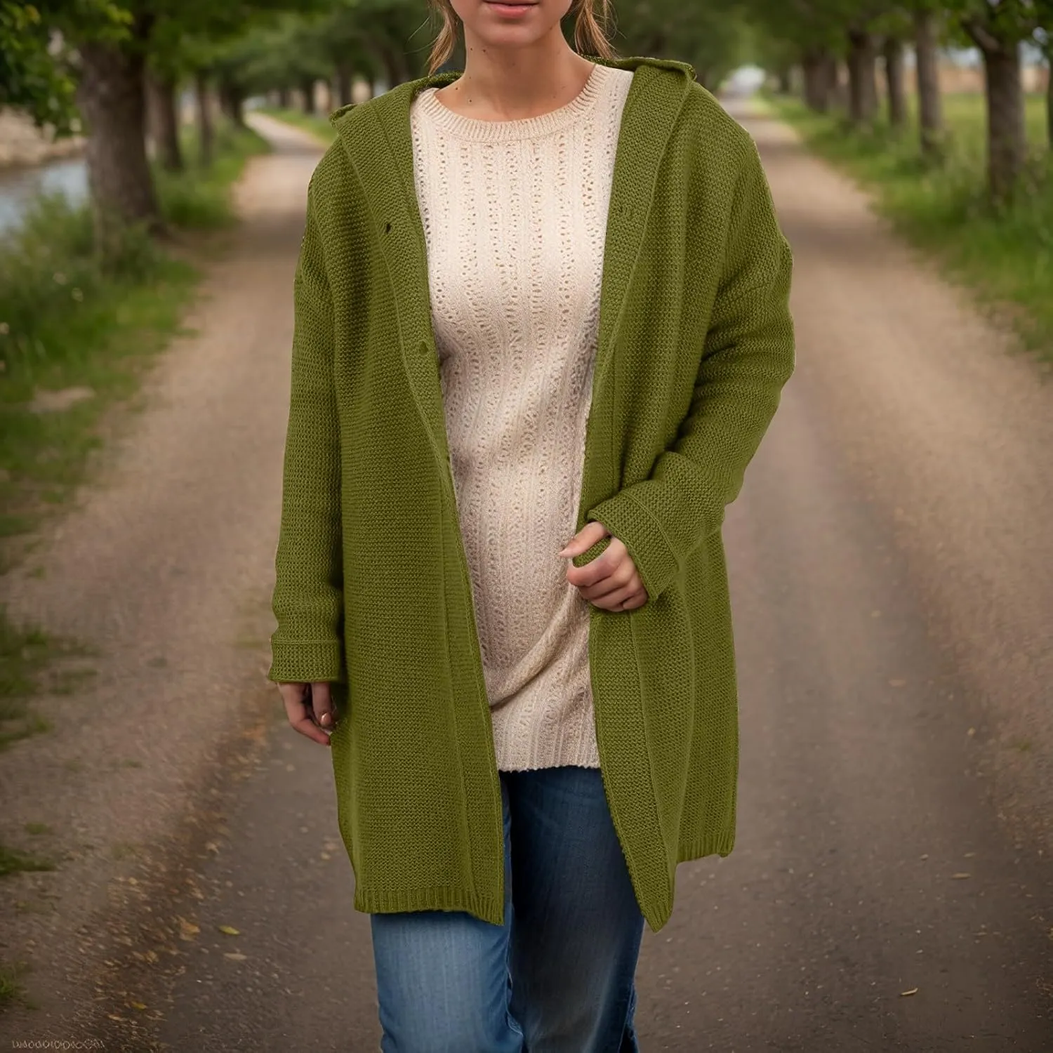 Chunky Cardigan Sweaters for Women Hooded Knit Long Cardigan Casual Long Sleeve Open Front Cardigan Hoodie Spring Coat