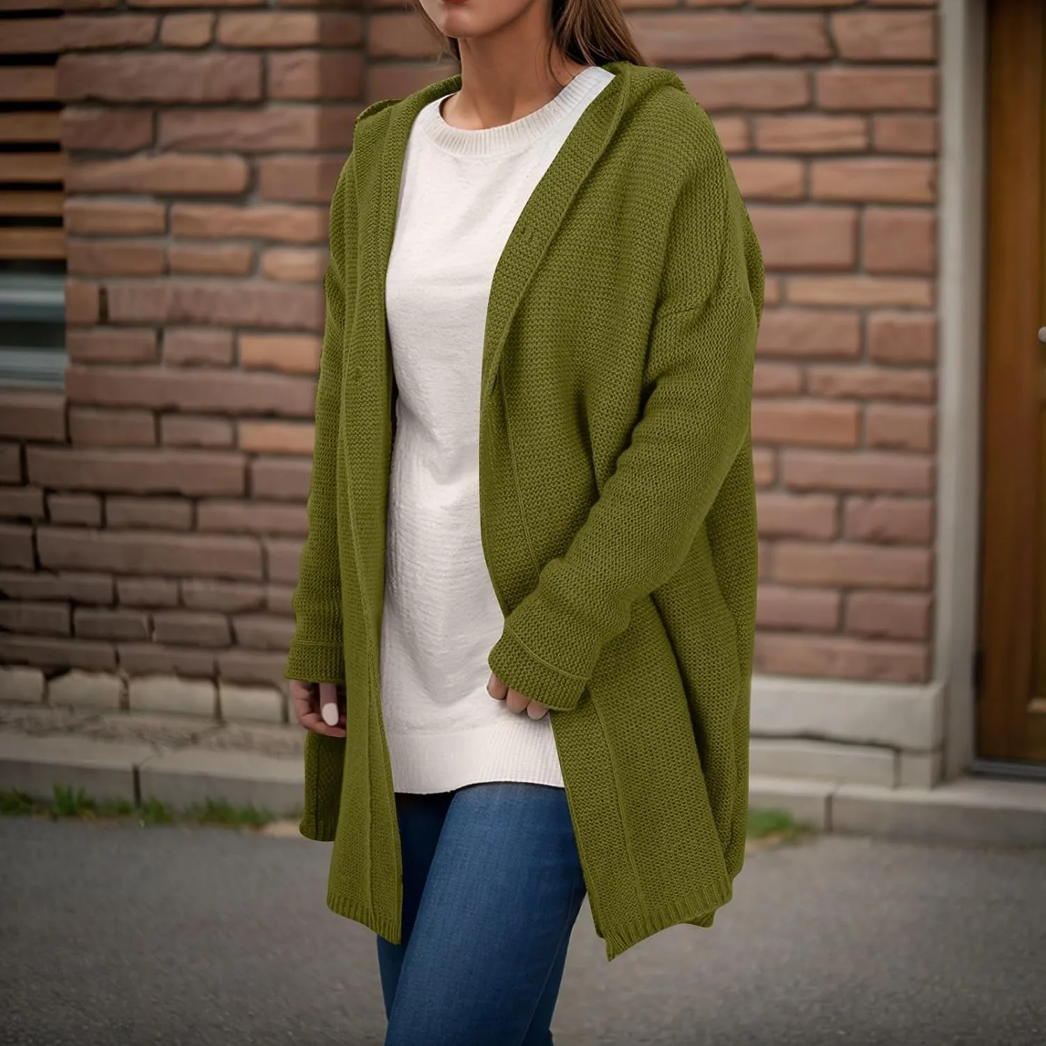 Chunky Cardigan Sweaters for Women Hooded Knit Long Cardigan Casual Long Sleeve Open Front Cardigan Hoodie Spring Coat