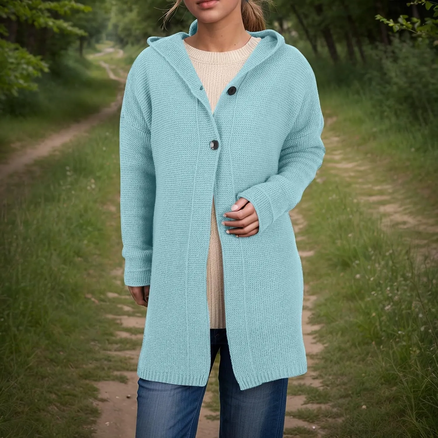 Chunky Cardigan Sweaters for Women Hooded Knit Long Cardigan Casual Long Sleeve Open Front Cardigan Hoodie Spring Coat