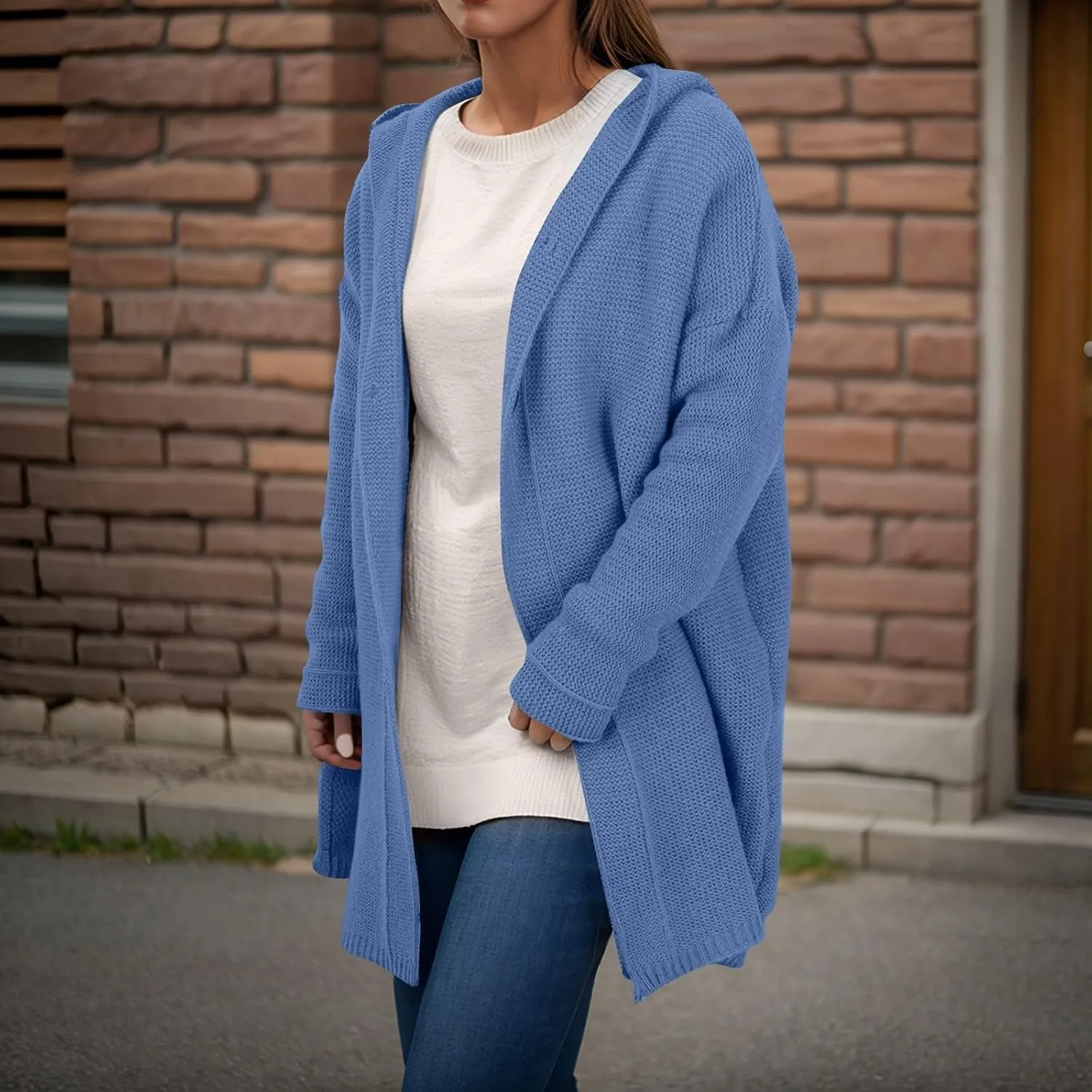 Chunky Cardigan Sweaters for Women Hooded Knit Long Cardigan Casual Long Sleeve Open Front Cardigan Hoodie Spring Coat