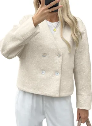 Cicy Bell Womens Cropped Teddy Pea Coat Collarless Wool Blend Fleece Short Jacket Work Casual Fall Outerwear
