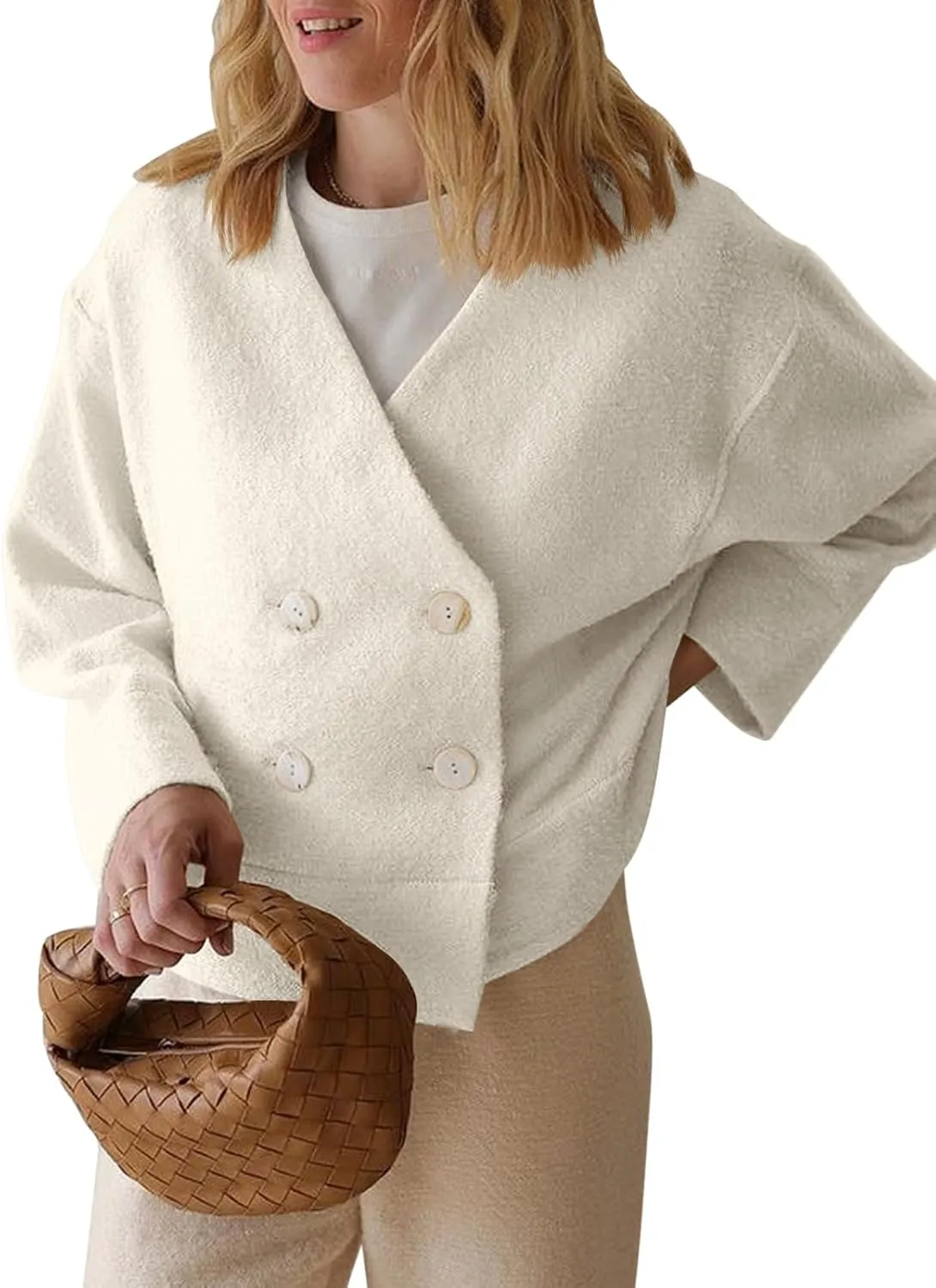 Cicy Bell Womens Cropped Teddy Pea Coat Collarless Wool Blend Fleece Short Jacket Work Casual Fall Outerwear