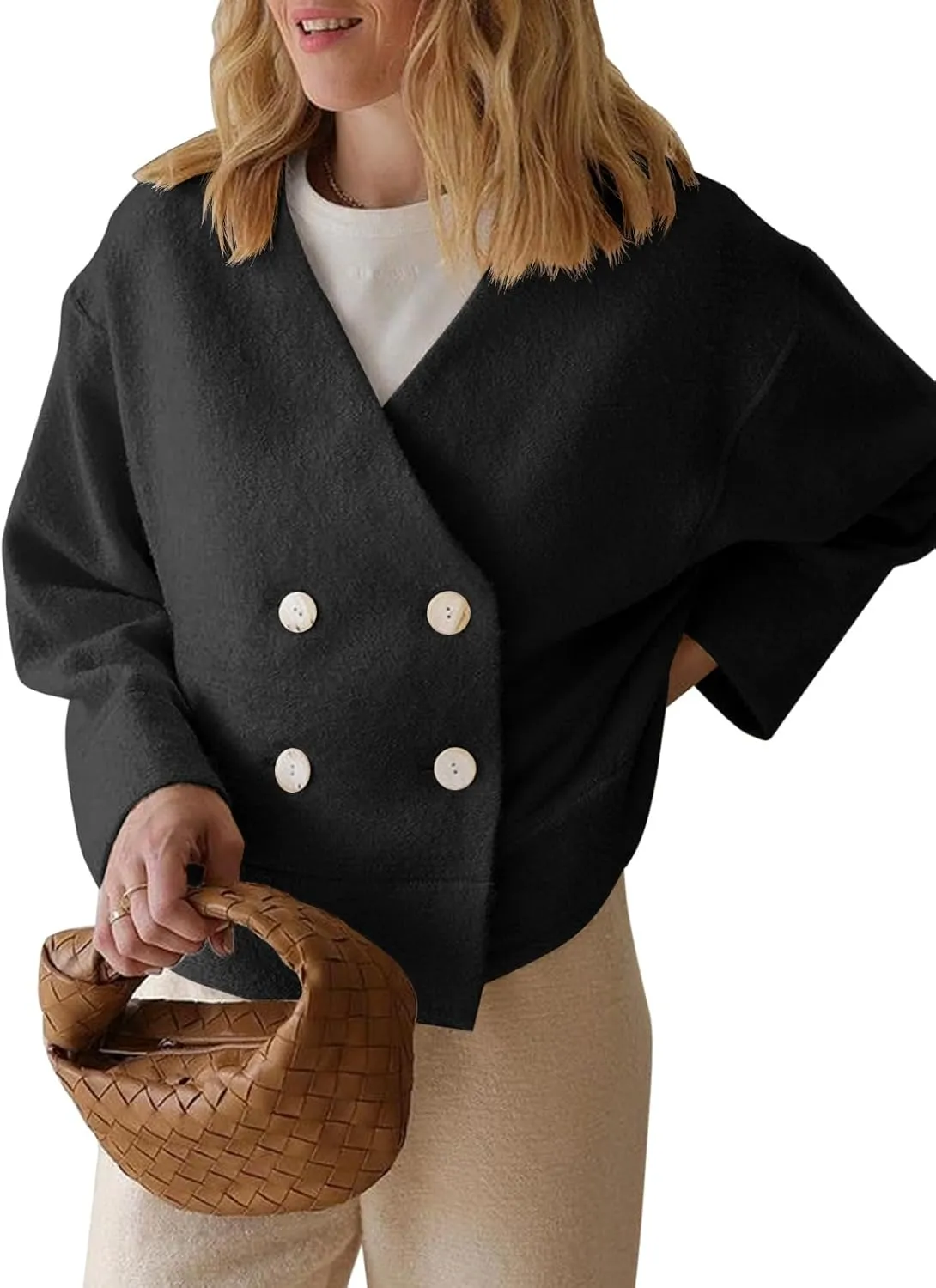 Cicy Bell Womens Cropped Teddy Pea Coat Collarless Wool Blend Fleece Short Jacket Work Casual Fall Outerwear