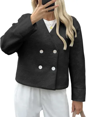 Cicy Bell Womens Cropped Teddy Pea Coat Collarless Wool Blend Fleece Short Jacket Work Casual Fall Outerwear
