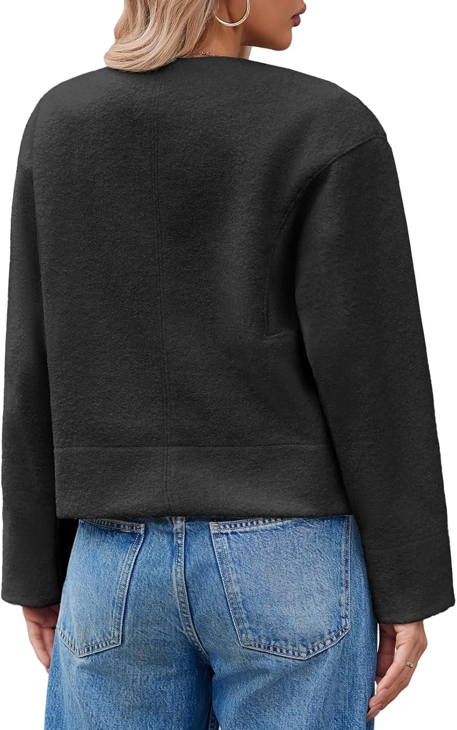 Cicy Bell Womens Cropped Teddy Pea Coat Collarless Wool Blend Fleece Short Jacket Work Casual Fall Outerwear