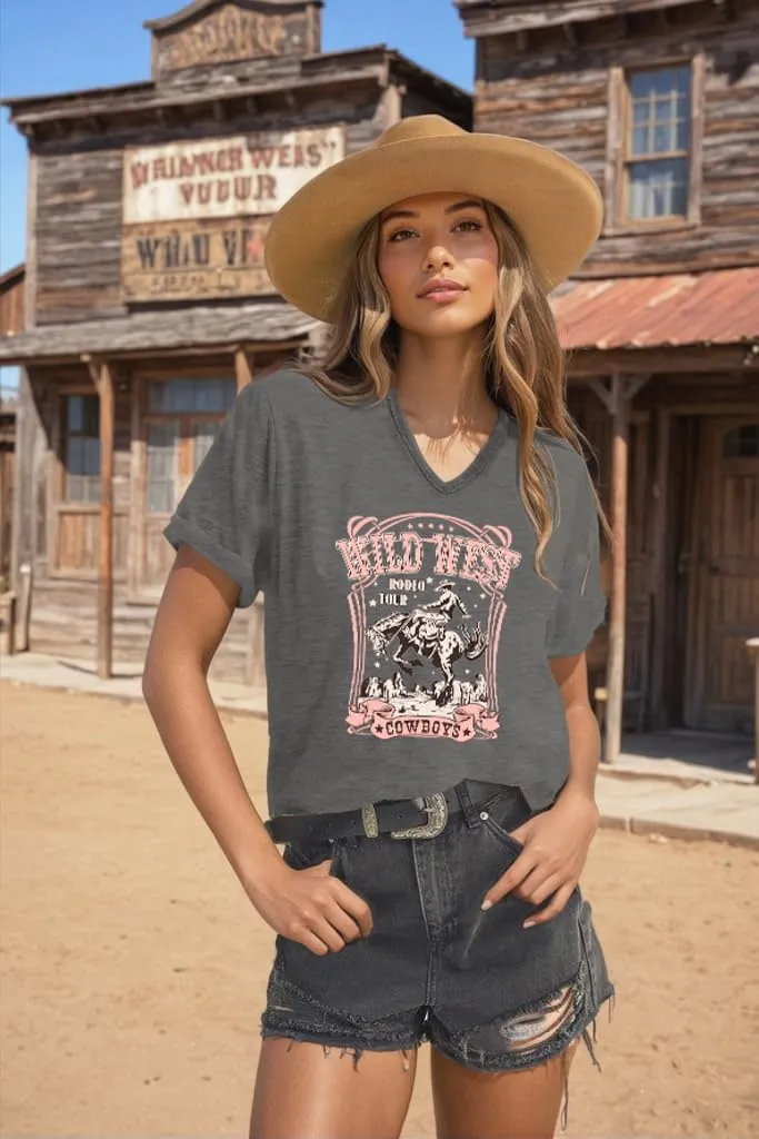 Cowboy Shirts for Women V Neck Vintage Rodeo T Shirt Western Fashion Graphic Short Sleeve Tee Tops