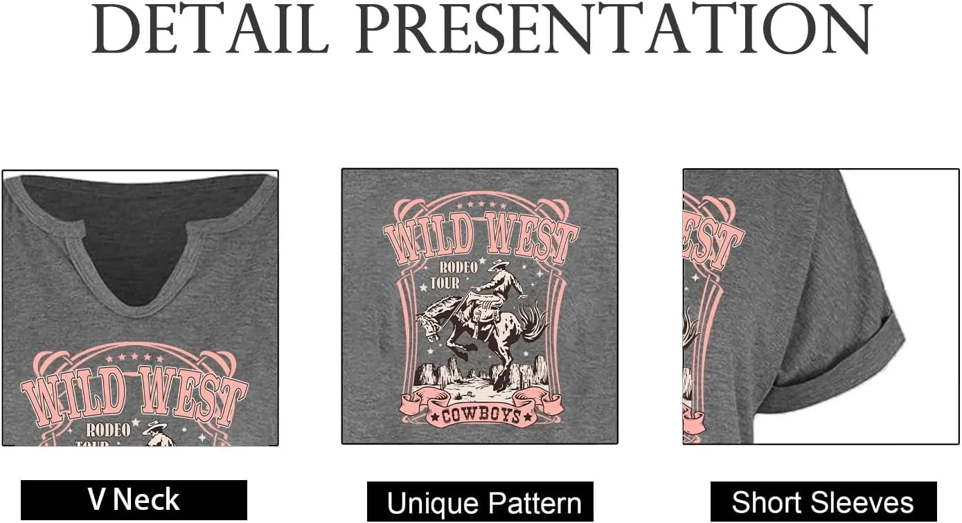 Cowboy Shirts for Women V Neck Vintage Rodeo T Shirt Western Fashion Graphic Short Sleeve Tee Tops