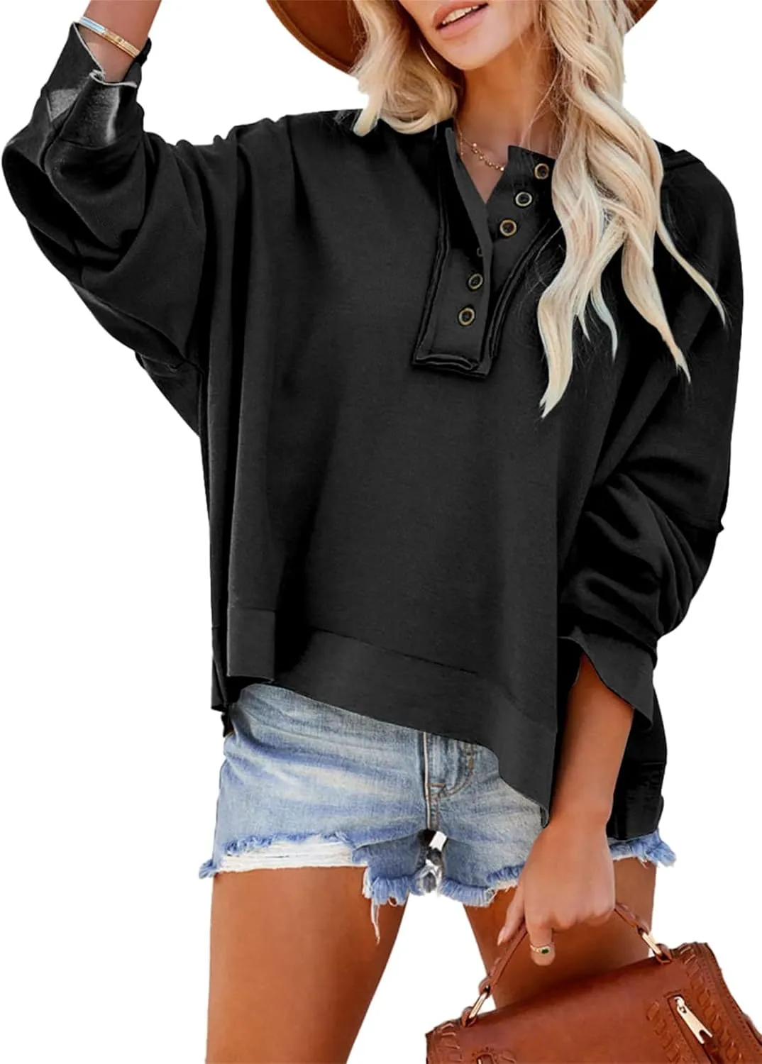 Cropped Trendy Hoodies For women V Neck Button Long Sleeve Lightweight Sweatshirts Casual Loose Pullover Tops 2025 New