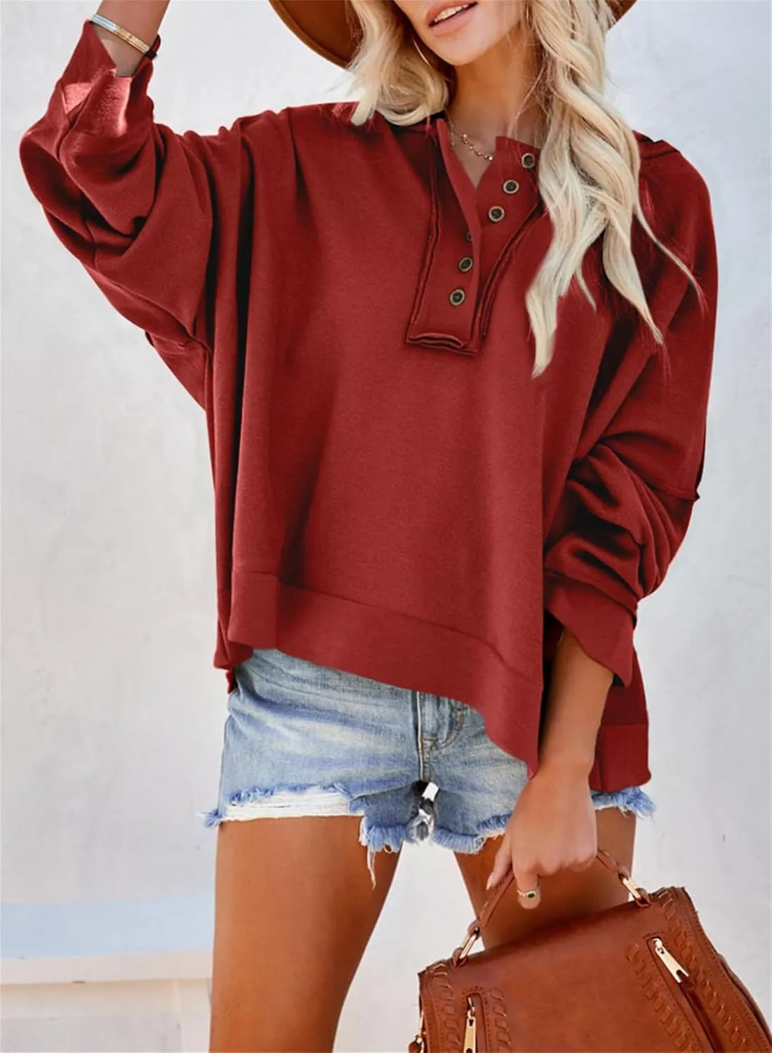 Cropped Trendy Hoodies For women V Neck Button Long Sleeve Lightweight Sweatshirts Casual Loose Pullover Tops 2025 New