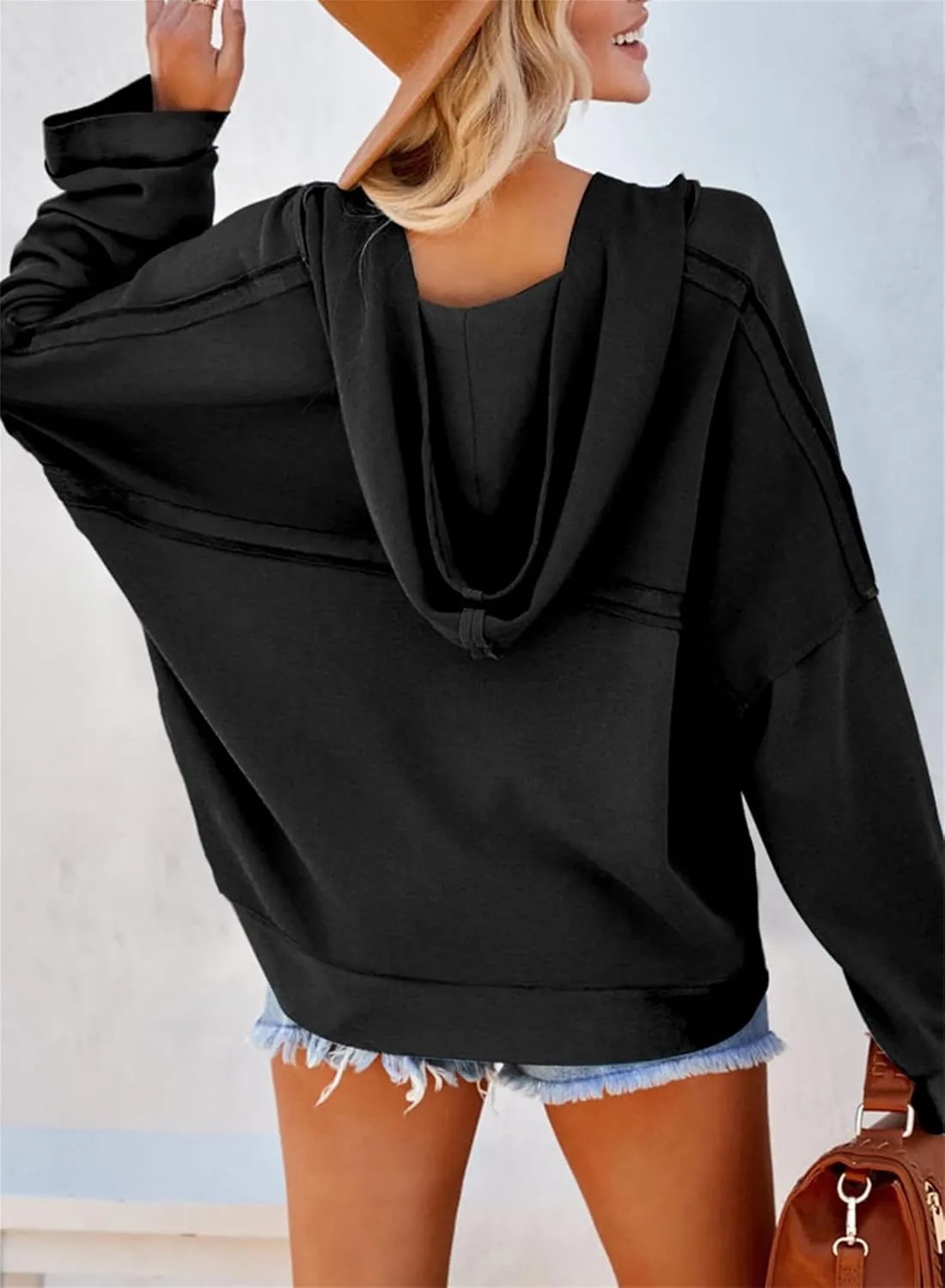 Cropped Trendy Hoodies For women V Neck Button Long Sleeve Lightweight Sweatshirts Casual Loose Pullover Tops 2025 New