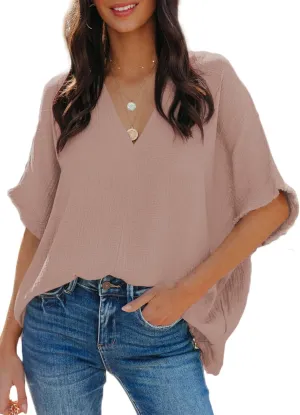 Dokotoo Casual Womens Short Sleeve V Neck Shirts Oversized Solid Blouses Tops