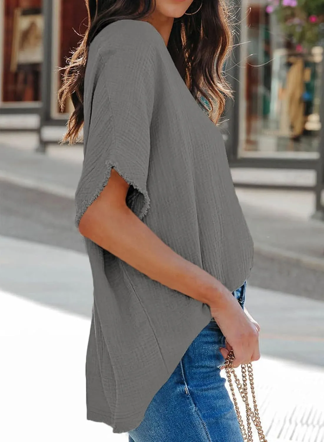 Dokotoo Casual Womens Short Sleeve V Neck Shirts Oversized Solid Blouses Tops