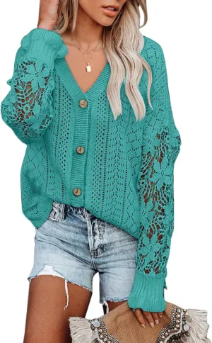 Dokotoo Crochet Lace V Neck Long Sleeve Hollow Out Cable Knit Cardigan for Women Sweaters Tops