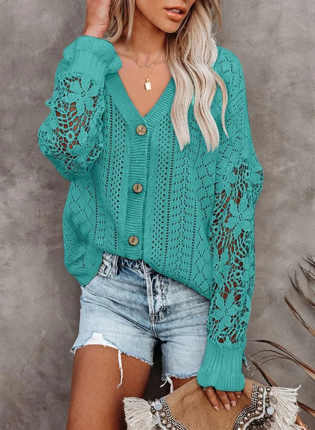 Dokotoo Crochet Lace V Neck Long Sleeve Hollow Out Cable Knit Cardigan for Women Sweaters Tops