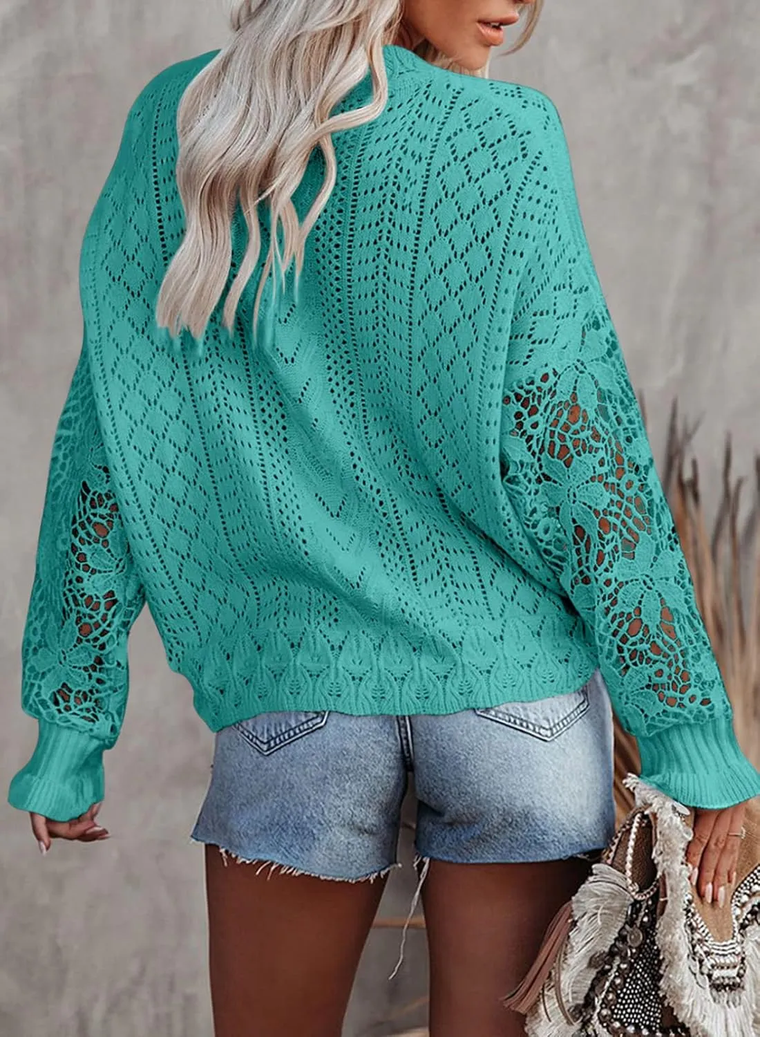 Dokotoo Crochet Lace V Neck Long Sleeve Hollow Out Cable Knit Cardigan for Women Sweaters Tops