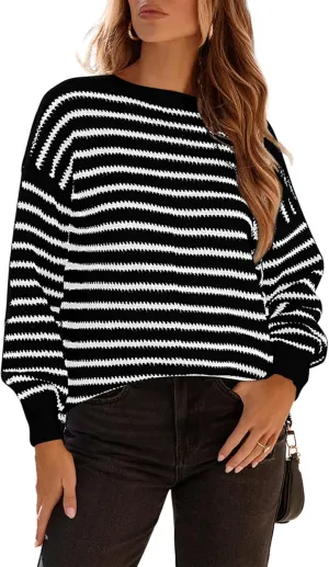 Dokotoo Sweaters for Women Crewneck Long Sleeve Striped Color Block Loose Knit Pullover Sweater Tops
