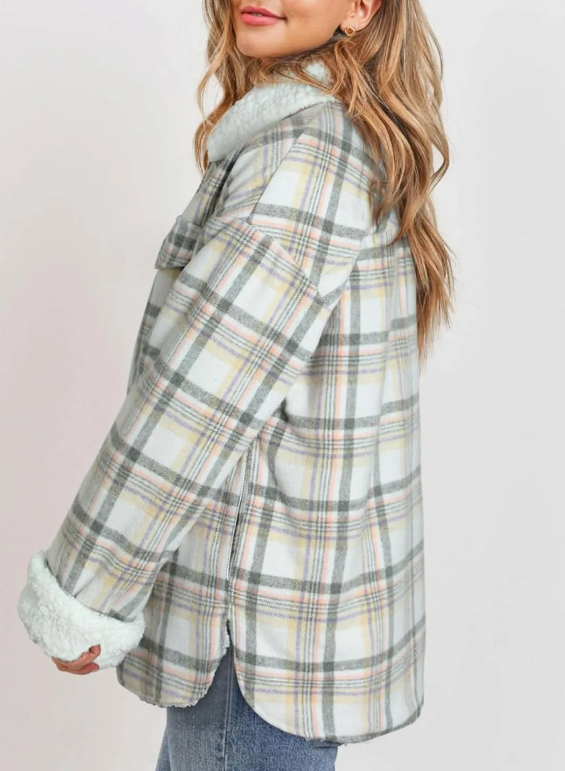 Dokotoo Winter Coats for Women Button Down Plaid Flannel Shirts Warm Sherpa Fleece Jacket
