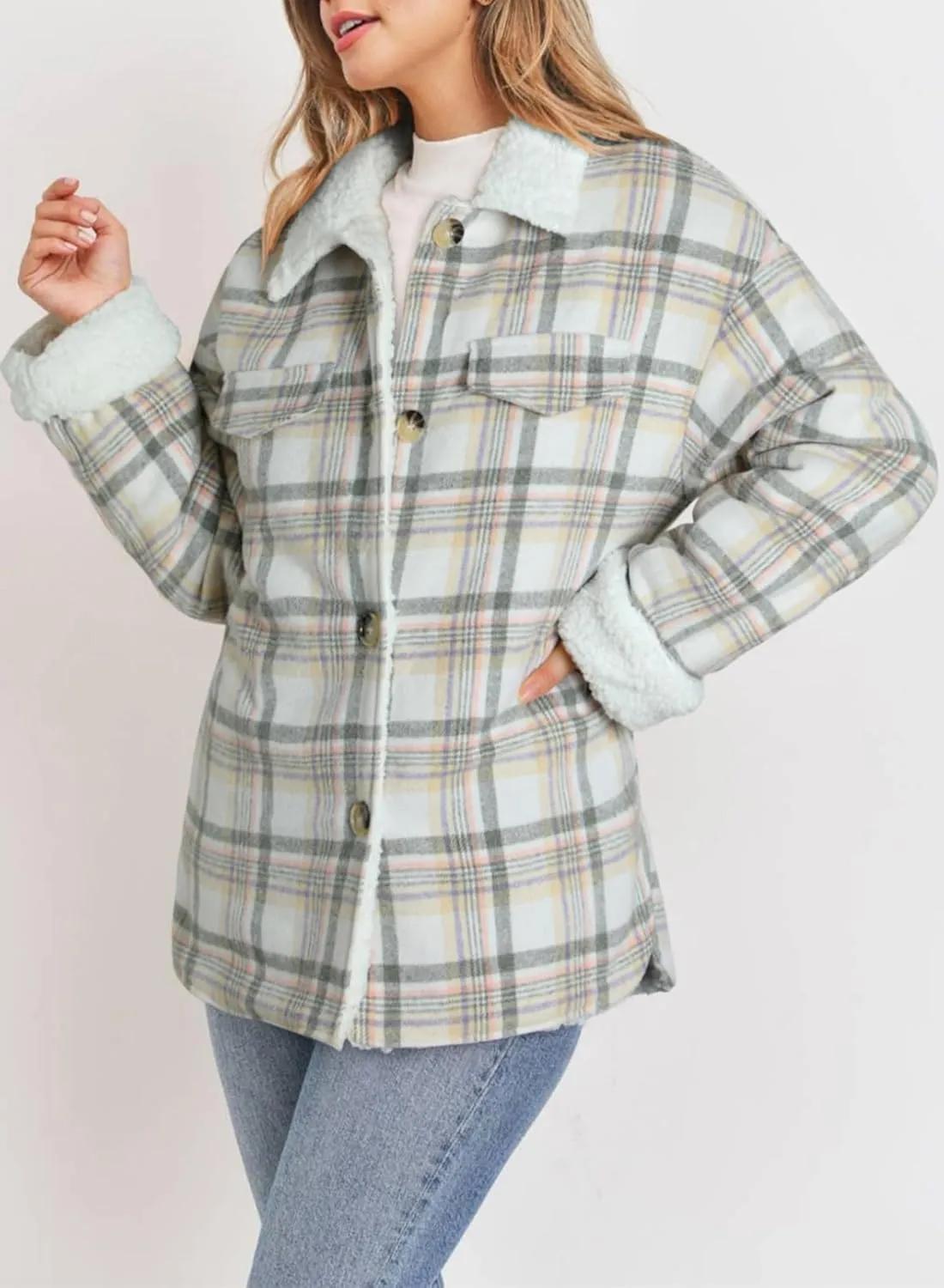 Dokotoo Winter Coats for Women Button Down Plaid Flannel Shirts Warm Sherpa Fleece Jacket
