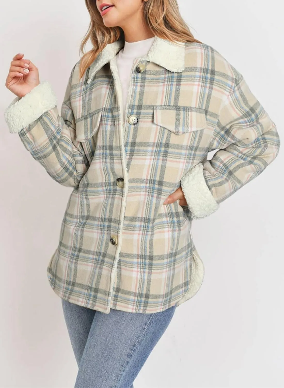 Dokotoo Winter Coats for Women Button Down Plaid Flannel Shirts Warm Sherpa Fleece Jacket